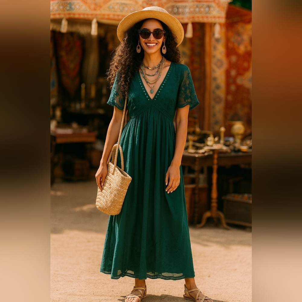Festival Large Whimsical Green Coquette Lace Maxi Cottage Fairy Dress